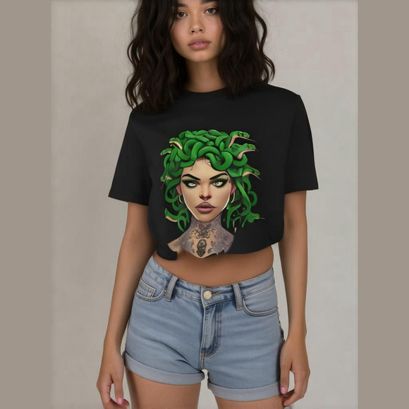 Handmade Medusa Graphic T-Shirt Black Mythical Serpent Goddess Tee Size S - Picture 1 of 5